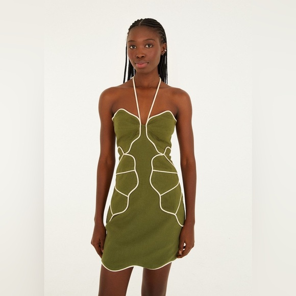 FARM Rio Dresses & Skirts - Farm Rio Green Wavy Trim Halter Neck Mini Dress